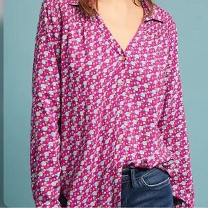 Anthropologie Maeve Emory Top-Pink/Gold Metallic Geometric-Button Down-Size 4